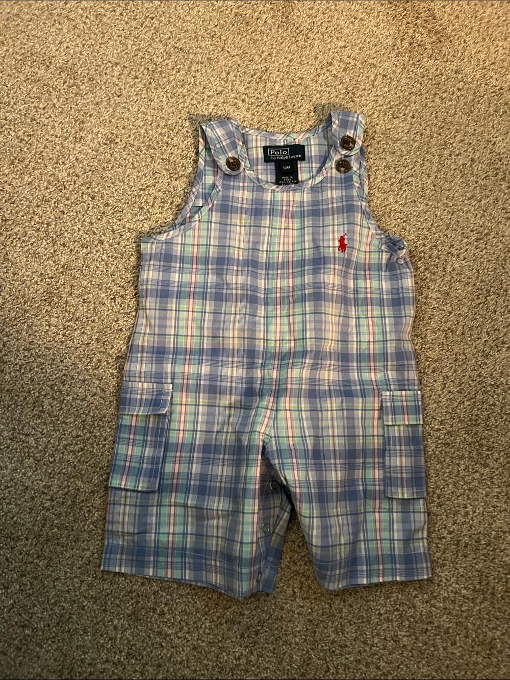 Polo by Ralph Lauren Light Blue Plaid Cotton Overalls with Red Logo